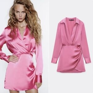 Zara Draped Satin Pink Dress Size Small